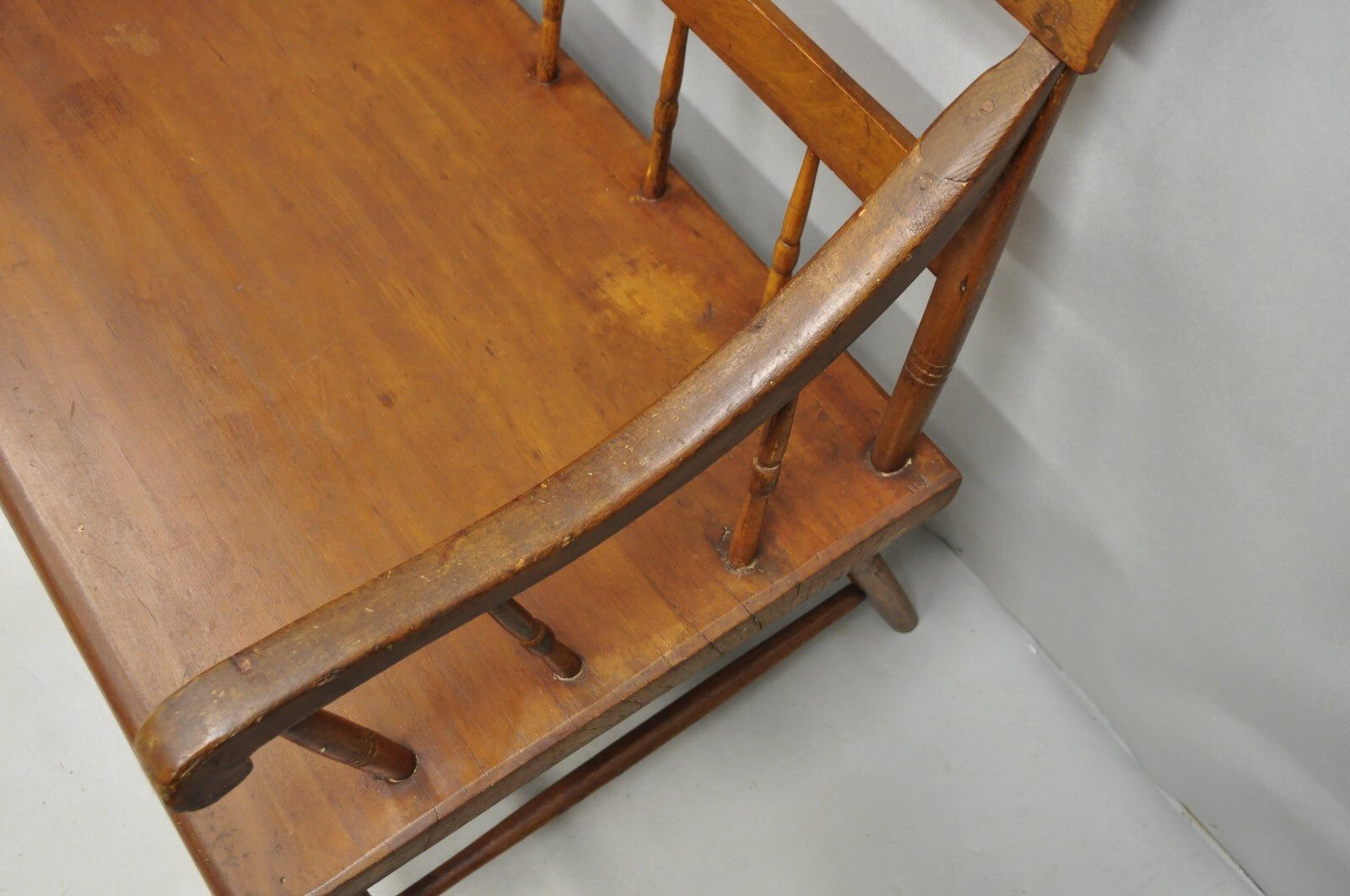 Antique American Colonial Farmhouse Spindle Back Pine Wood 8 Leg 72" Long Bench