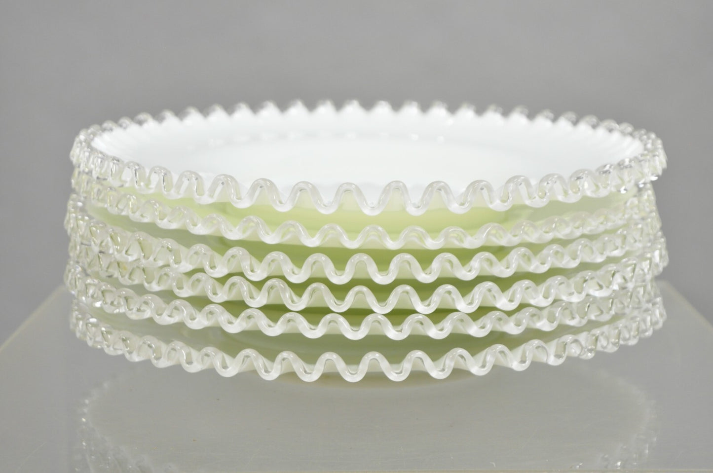 Vintage Fenton Silver Crest 12" Milk Glass Ruffled Edge Plate Platter - Set of 6