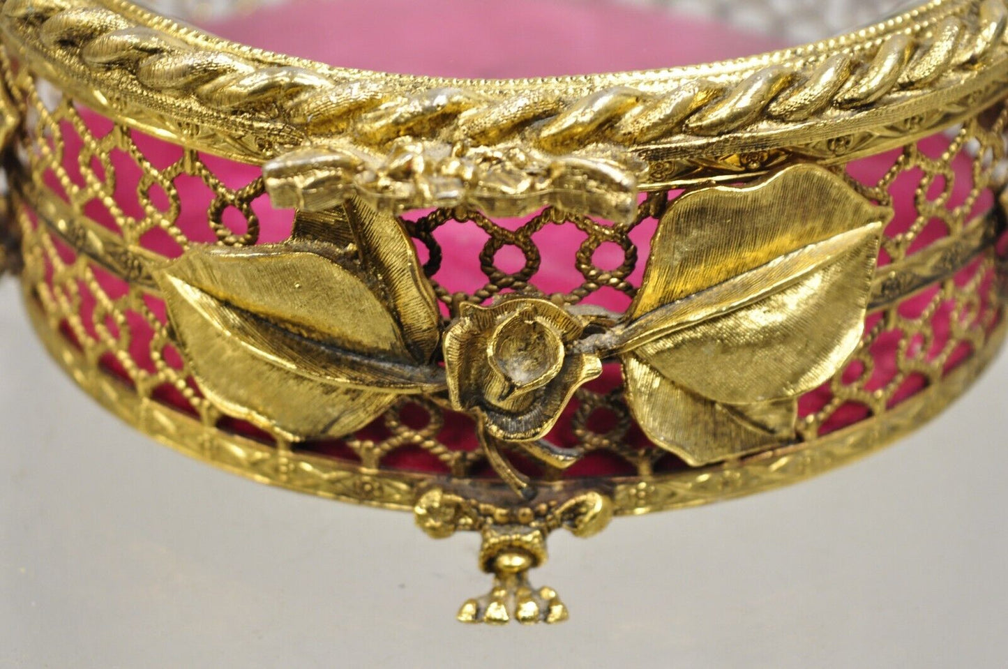 Vintage French Beveled Glass Gold Filigree Round Casket Jewelry Trinket Box