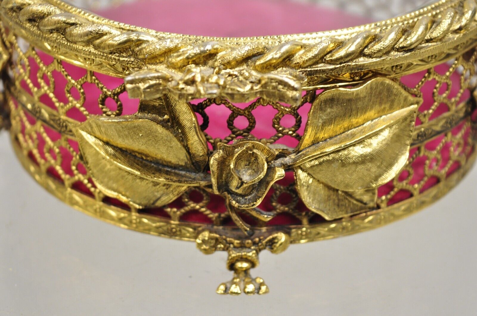 Vintage French Beveled Glass Gold Filigree Round Casket Jewelry Trinket Box