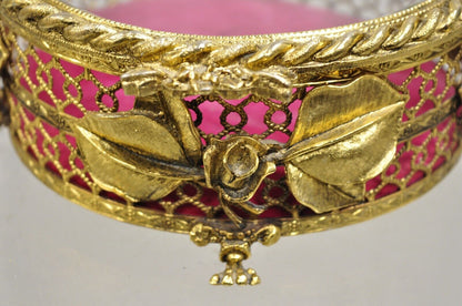Vintage French Beveled Glass Gold Filigree Round Casket Jewelry Trinket Box