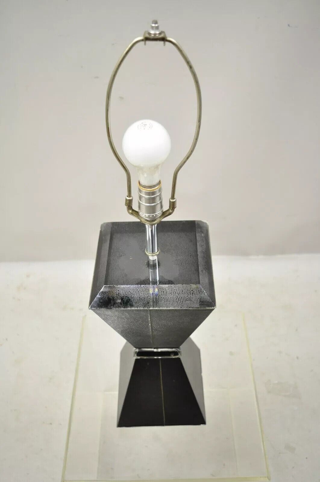 Vintage Mid Century Modern Lucite Hourglass Black Faux Sharkskin Table Lamp