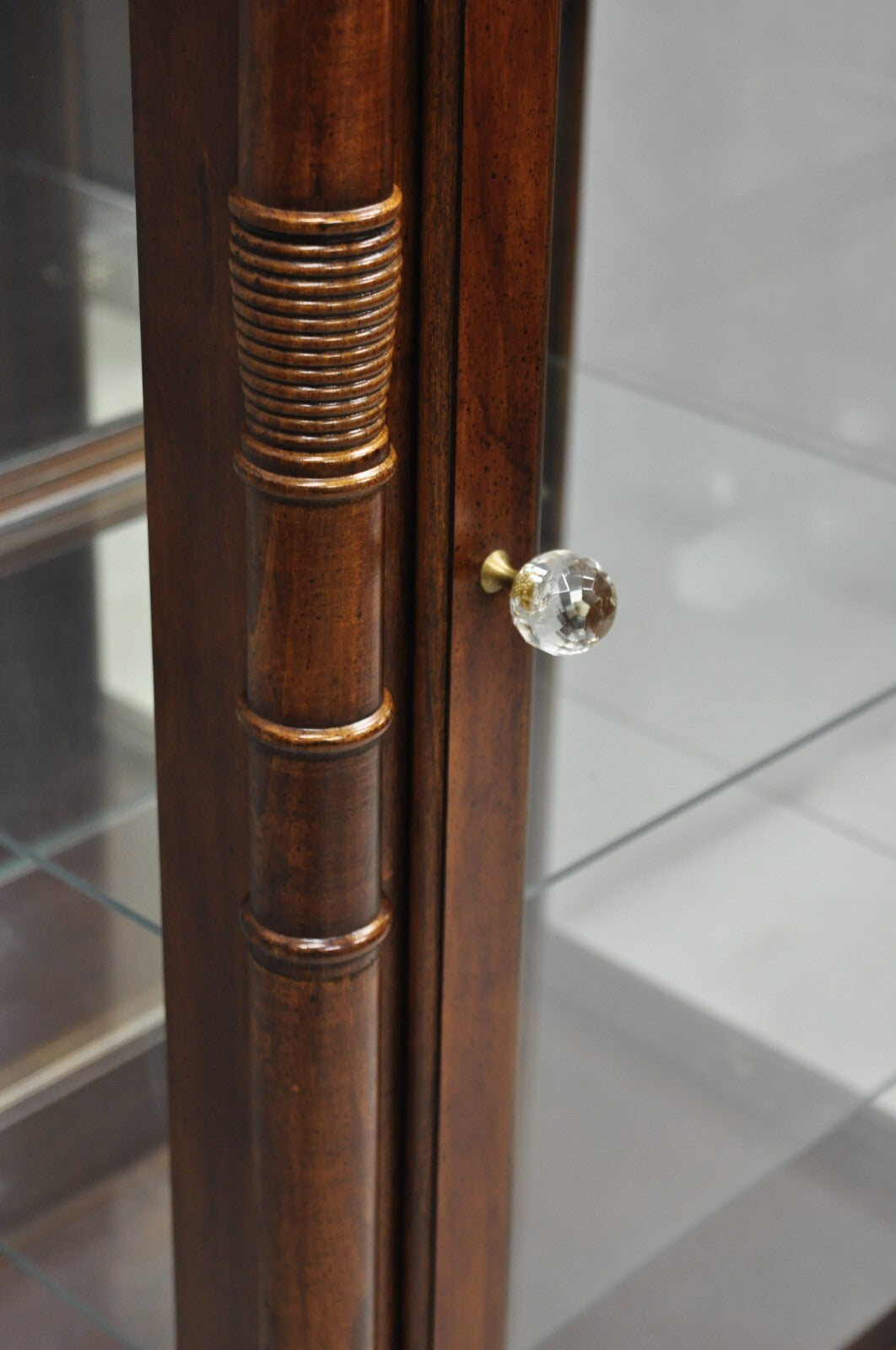 Victorian Style Cherry Wood Curved Glass Lighted Narrow Curio Display Cabinet