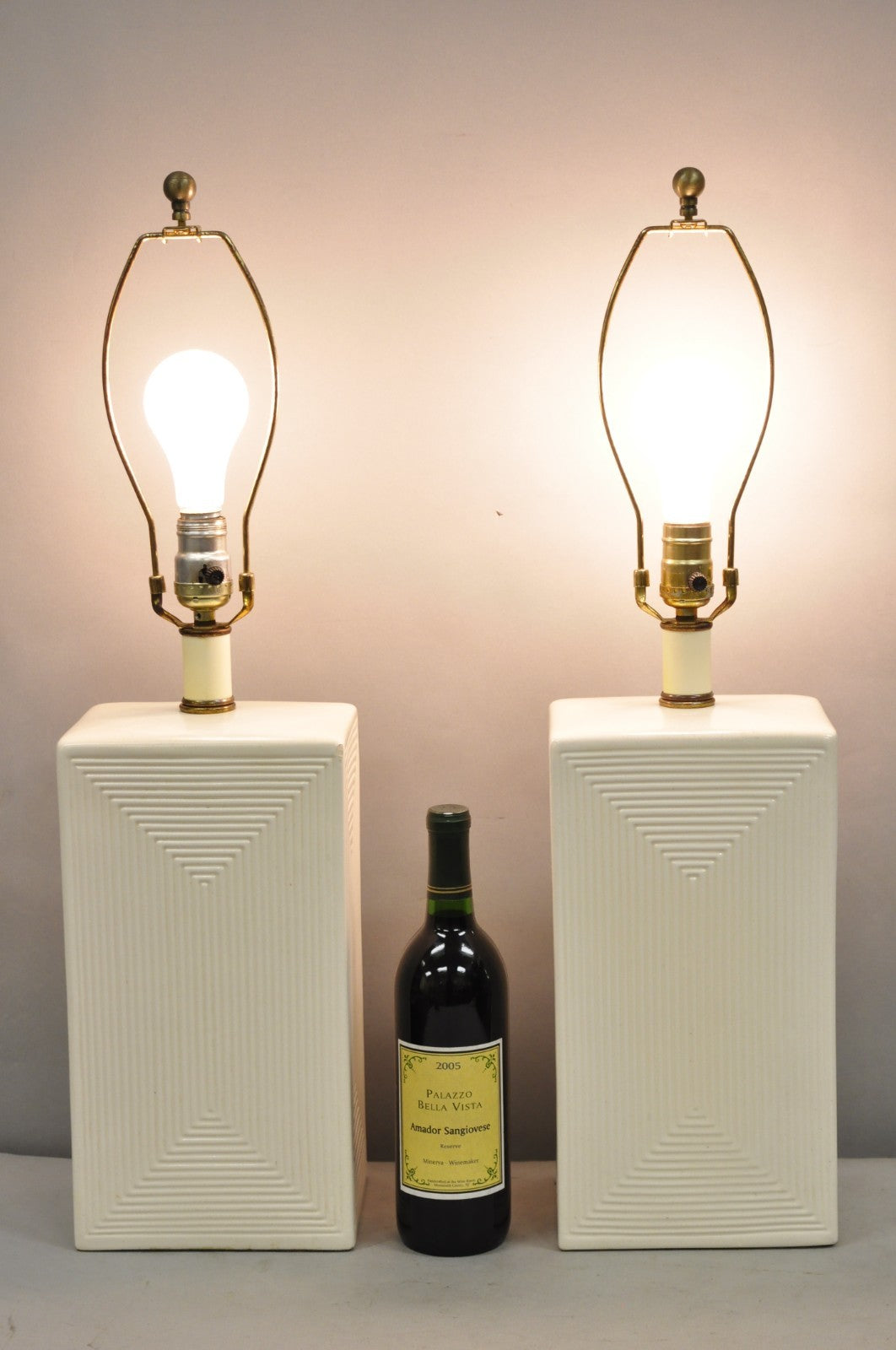 Vintage Mid Century Modern White Geometric Ceramic Cubist Table Lamps - a Pair
