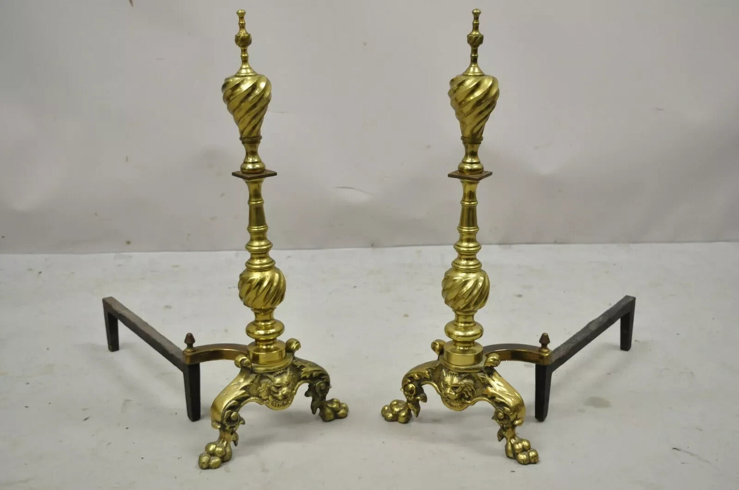 Antique Empire Brass Cast Iron Lion Head Spiral Twist Paw Feet Andirons - a Pair