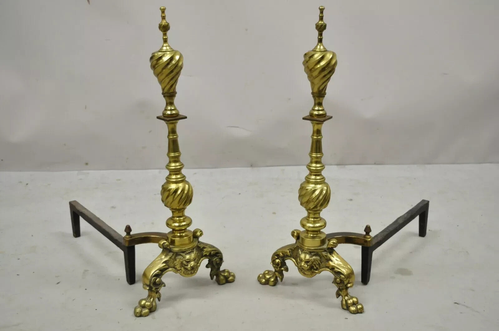 Antique Empire Brass Cast Iron Lion Head Spiral Twist Paw Feet Andirons - a Pair