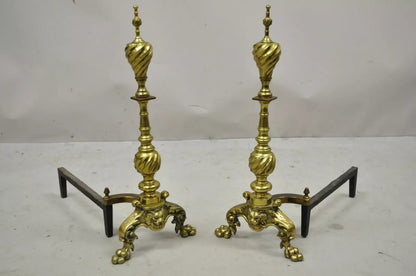 Antique Empire Brass Cast Iron Lion Head Spiral Twist Paw Feet Andirons - a Pair