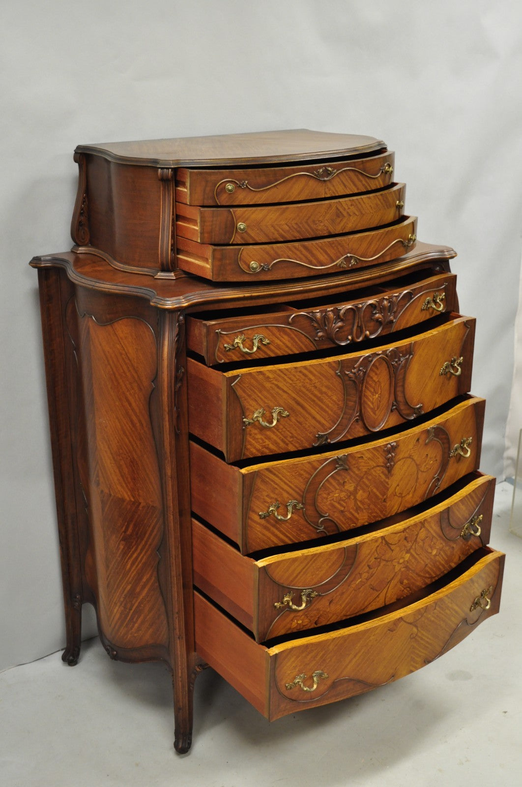 Antique French Louis XV Carved Walnut Satinwood Inlay Highboy Tall Chest Dresser