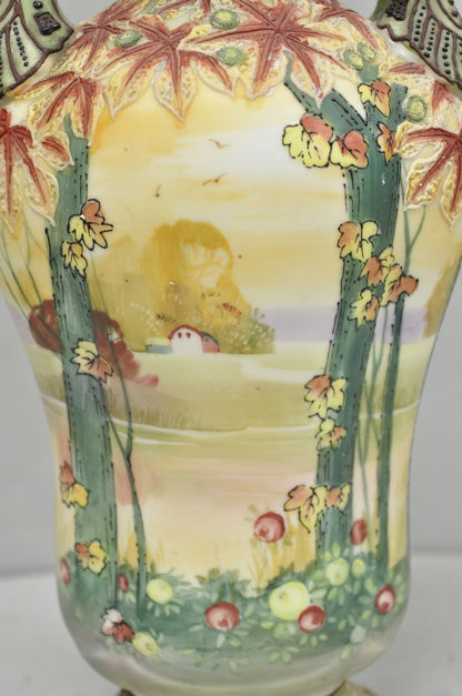 Antique Nippon Hand Painted Porcelain Moriage Twin Handle Countryside Scene Vase