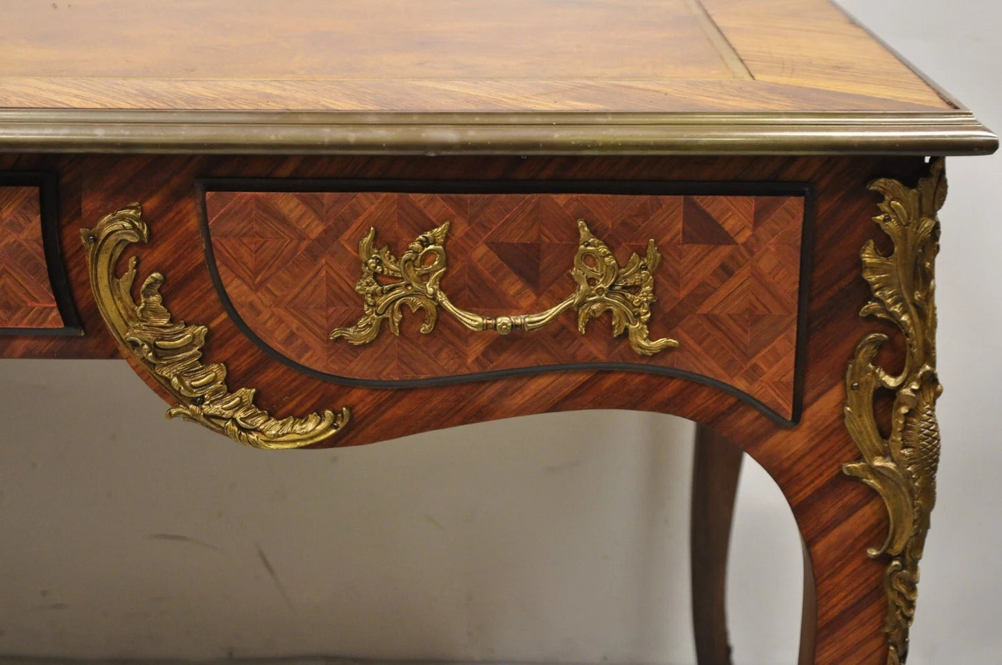 Vintage French Louis XV Style Figural Bronze Ormolu Leather Top Desk Bureau Plat