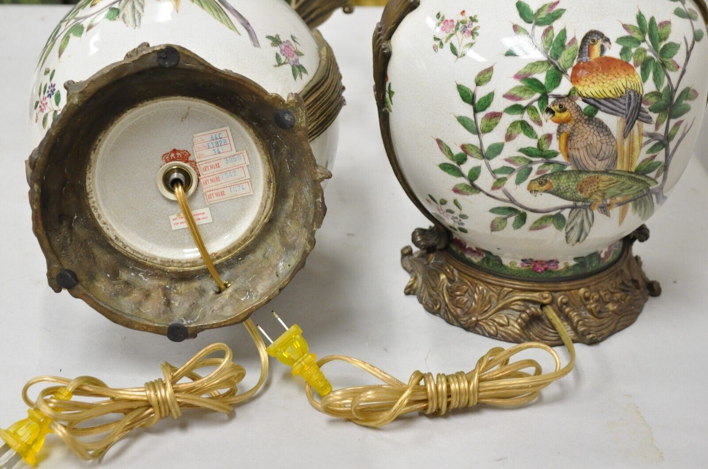 Vintage Chinoiserie Porcelain & Bronze French Louis XV Style Table Lamps - Pair