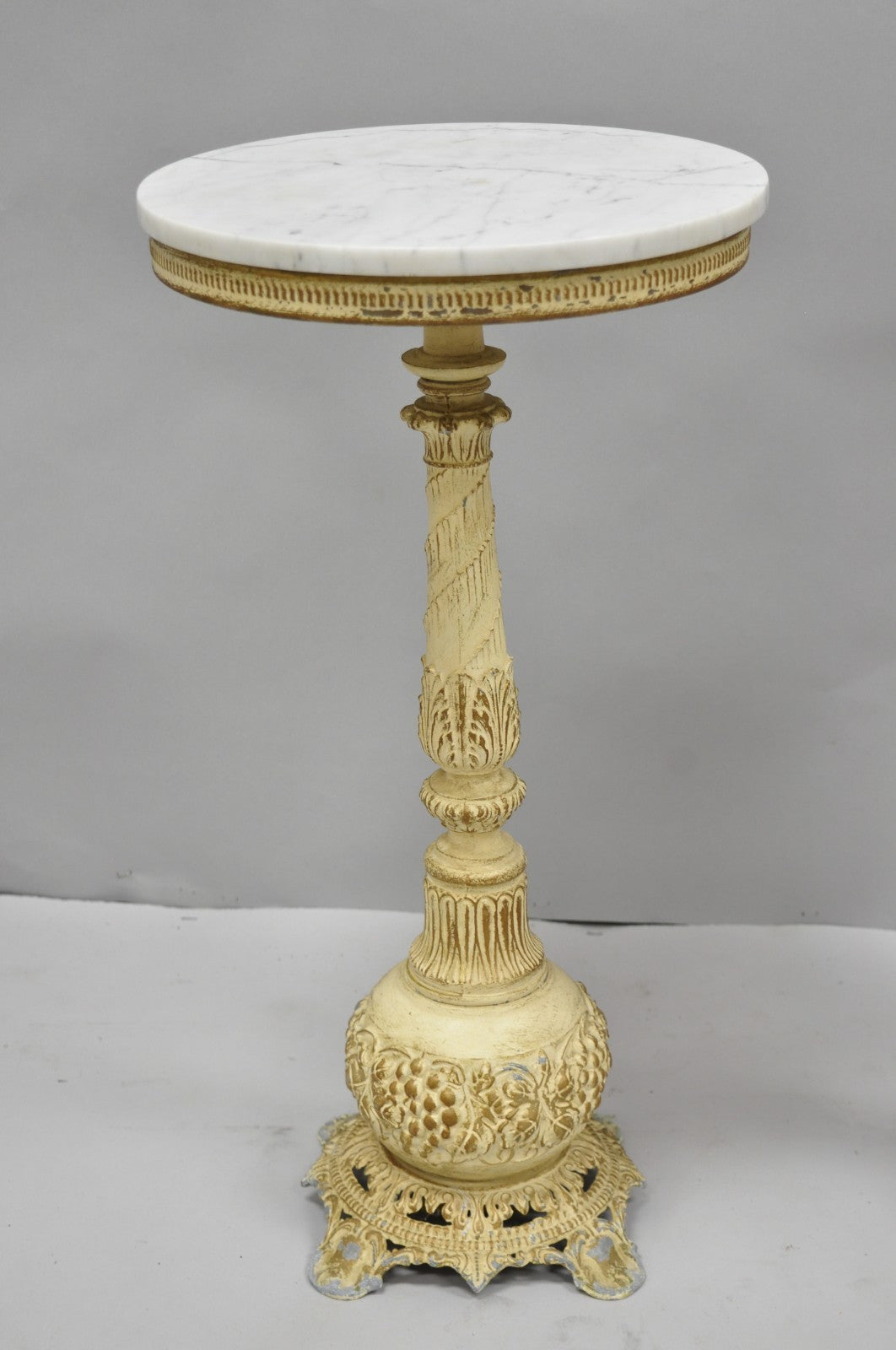 Vintage Hollywood Regency Small Metal Pedestal Marble Top Drinks Side Table Pair