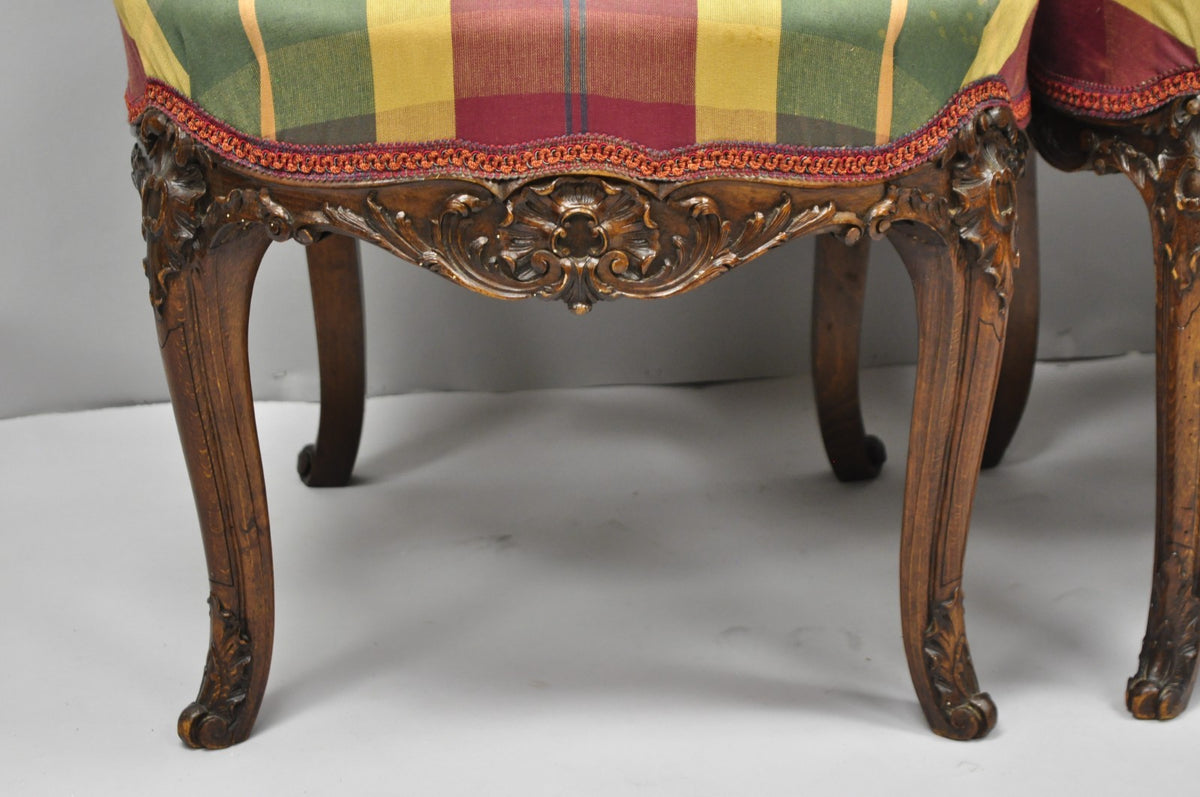 Antique French Country Louis XV Carved Walnut Cane Back Side Chairs - a Pair