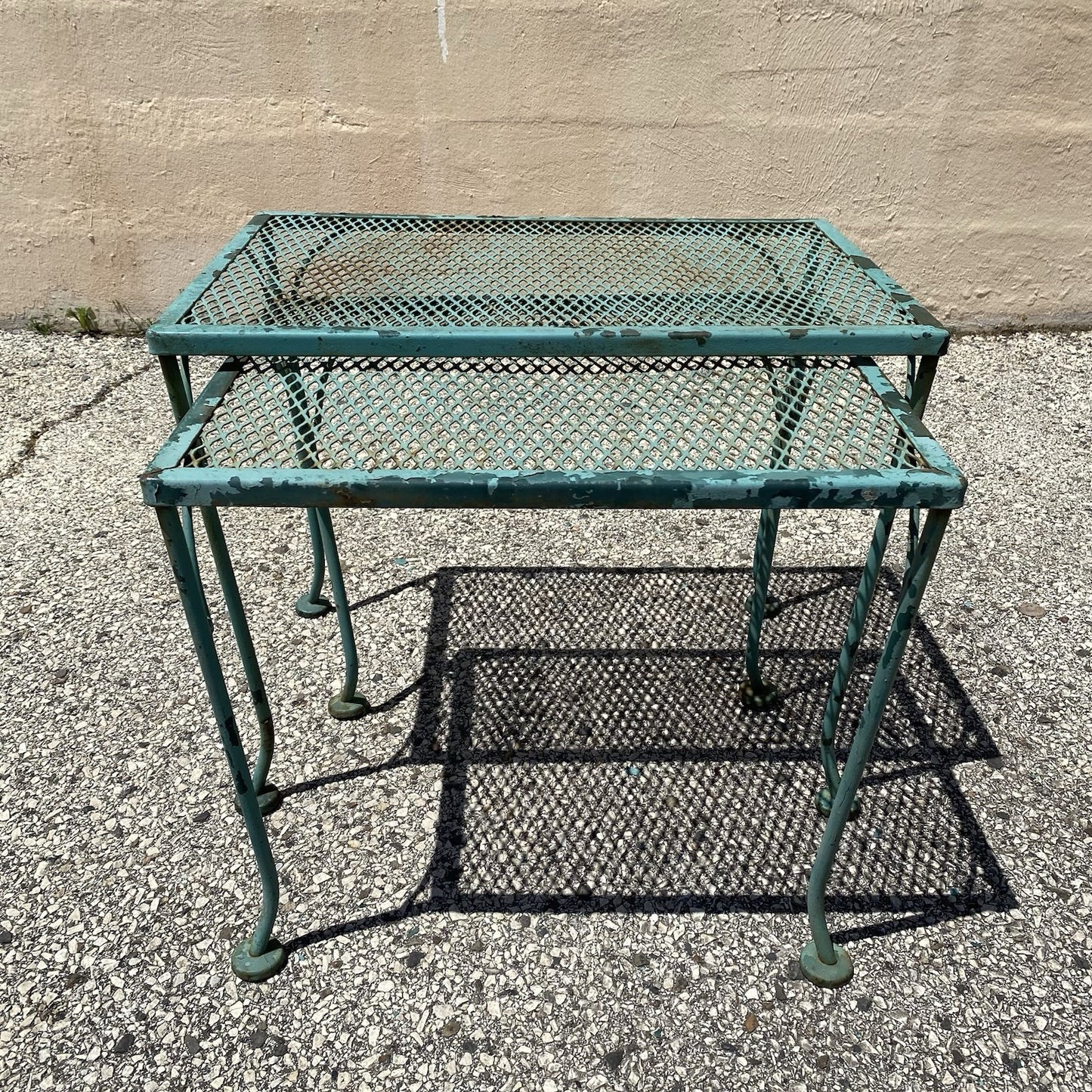 Vintage Woodard Wrought Iron Green Garden Patio Nesting Side Tables - 2 Pcs