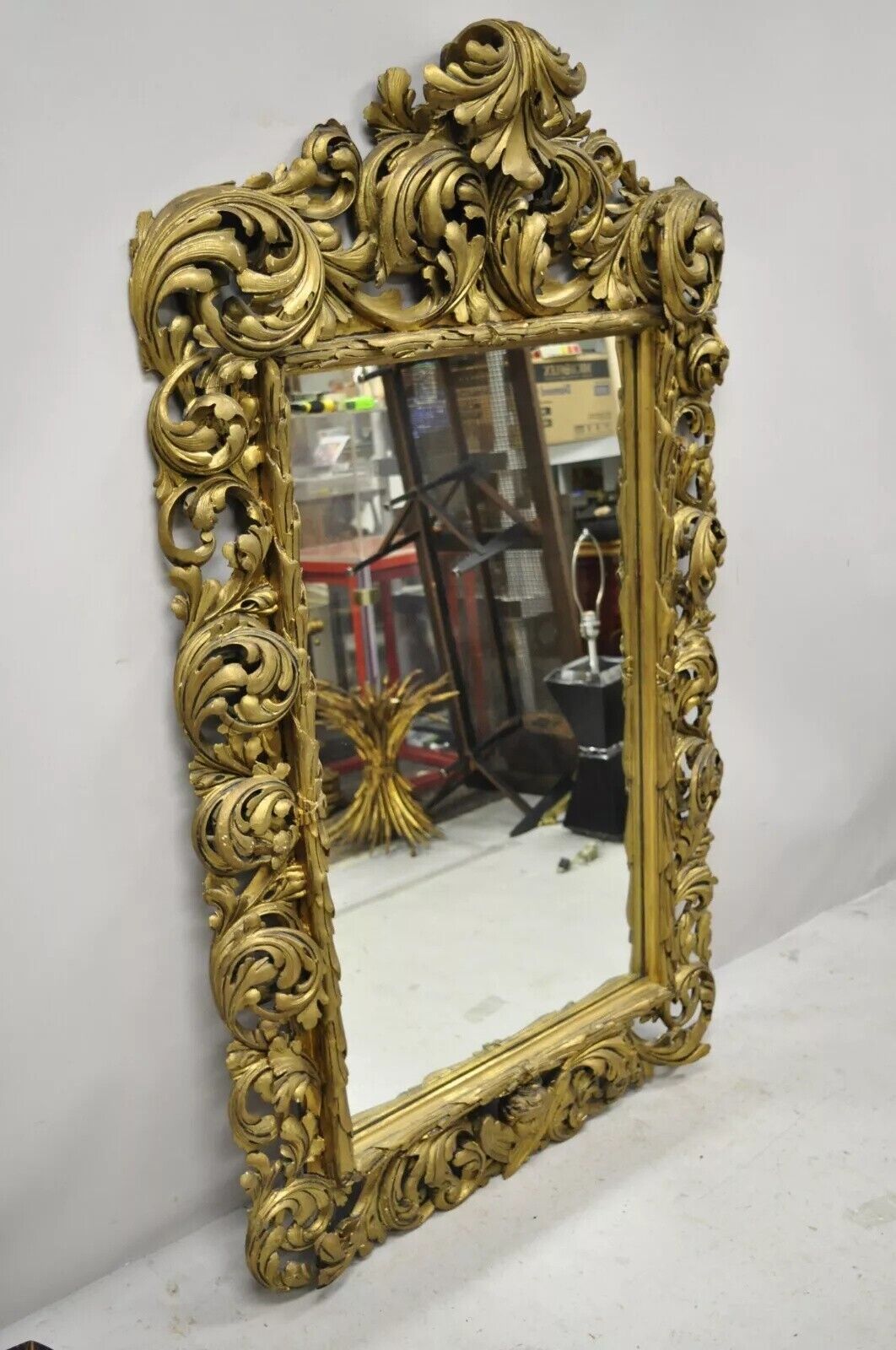 19th C French Rococo Gold Giltwood Relief Carved Wood Acanthus Leaf Wall Mirror