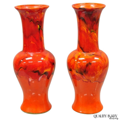 Vintage Red Lava Drip Glazed Mid Century Modern Ceramic Pottery Vessel Vase Pair