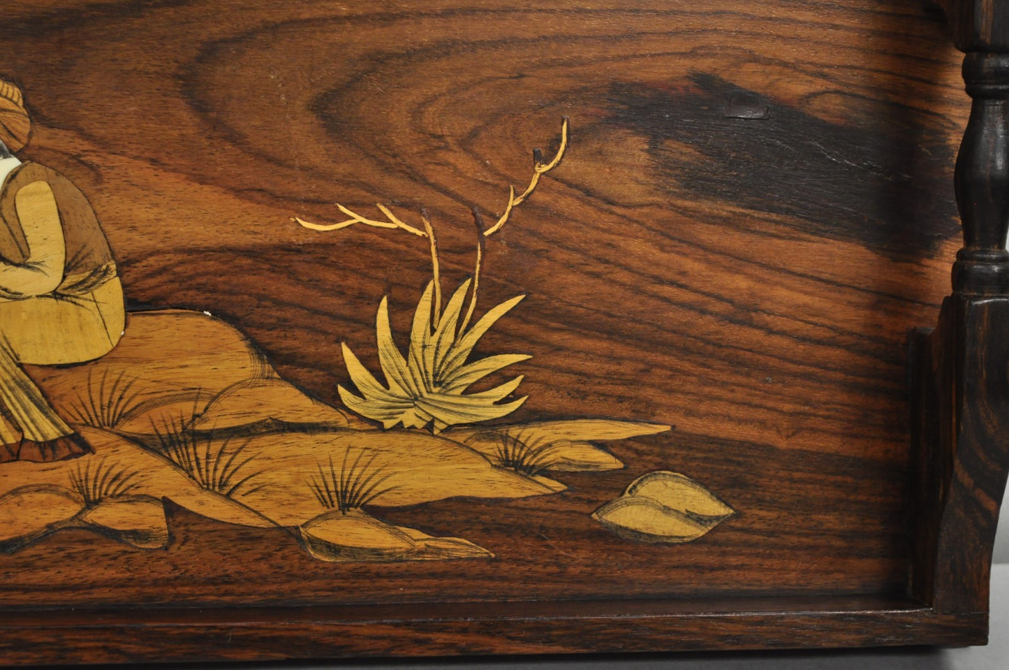 Vintage Anglo-Indian Marquetry Inlay Rosewood Twin Handle Serving Tray