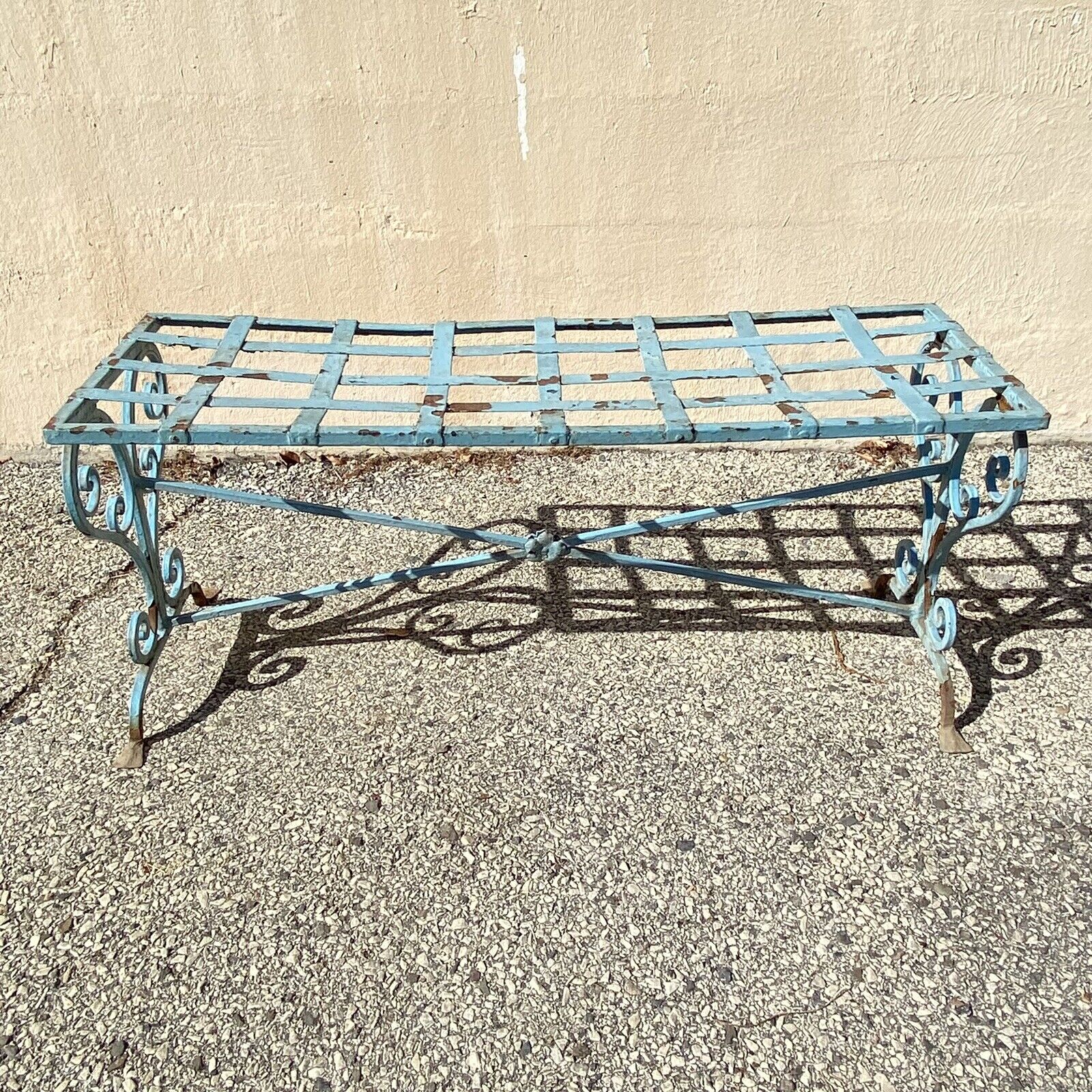 Antique French Art Nouveau Scrolling Wrought Iron Metal Strap Garden Patio Bench