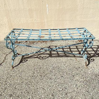 Antique French Art Nouveau Scrolling Wrought Iron Metal Strap Garden Patio Bench