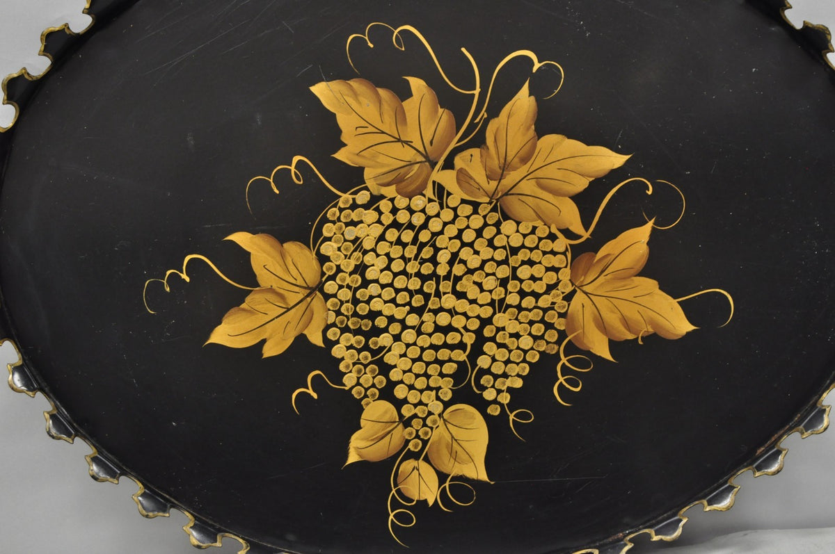 Vintage French Country Black and Gold Hand Painted Oval Toleware Serving Tray