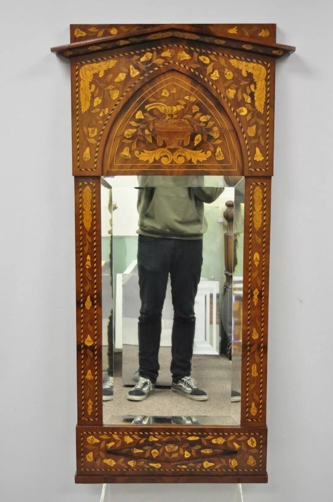Antique Dutch Marquetry Satinwood Inlay Beveled Glass Console Wall Mirror