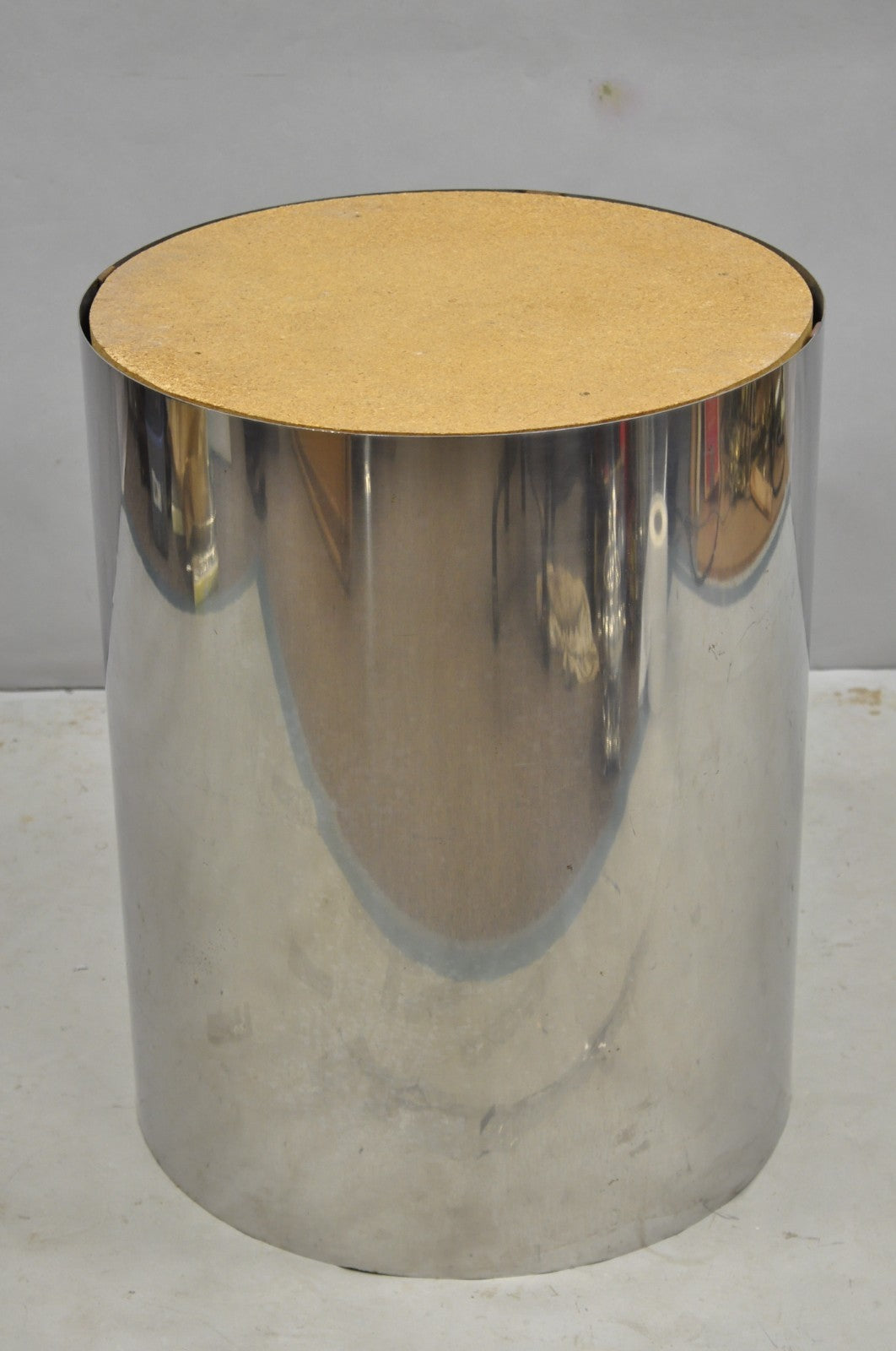 Vintage Mid Century Modern Round Travertine Chrome Steel Pedestal Dining Table