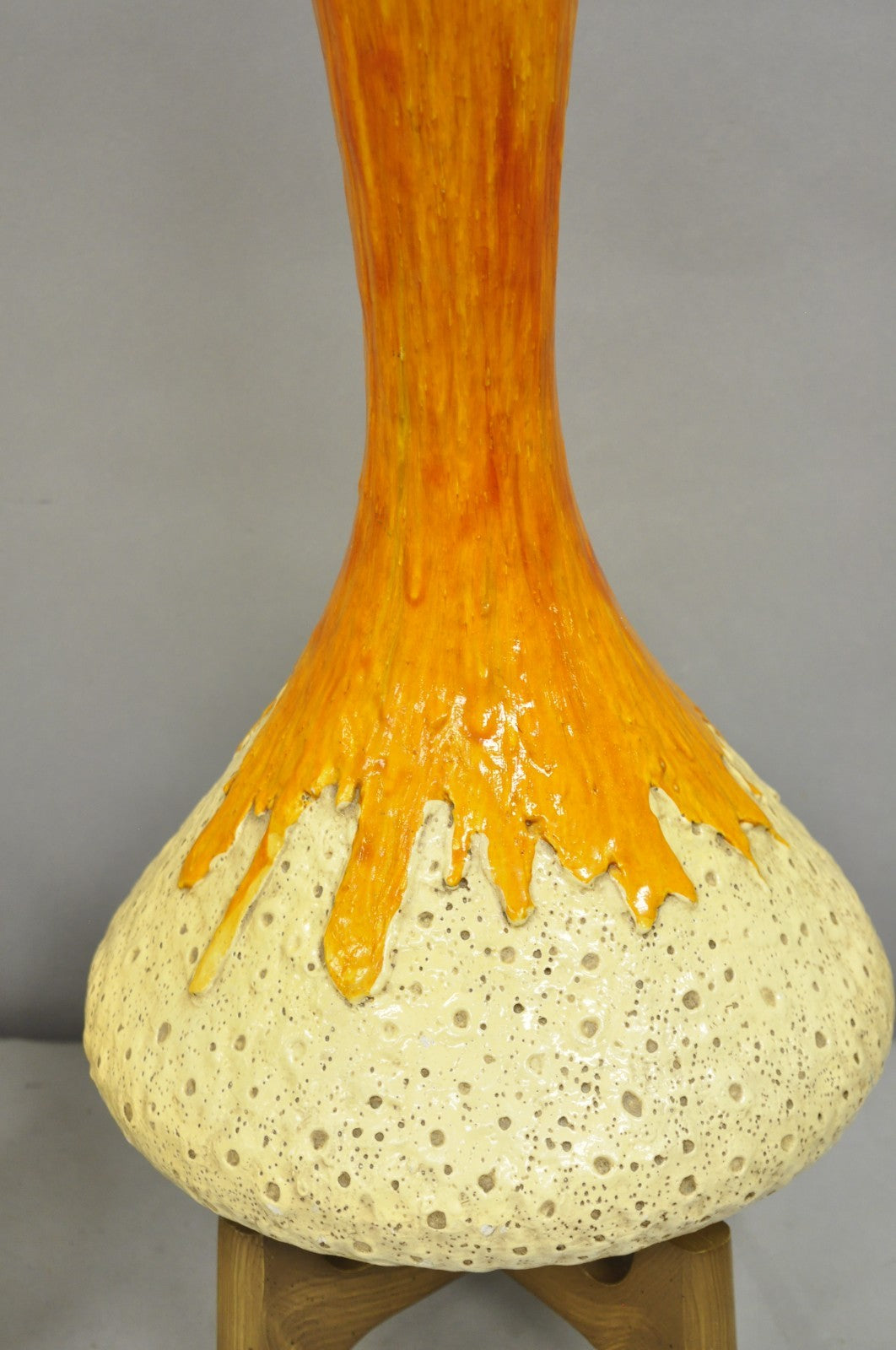 Vintage Mid Century Modern Orange Drip Glazed Ceramic Table Lamps - a Pair