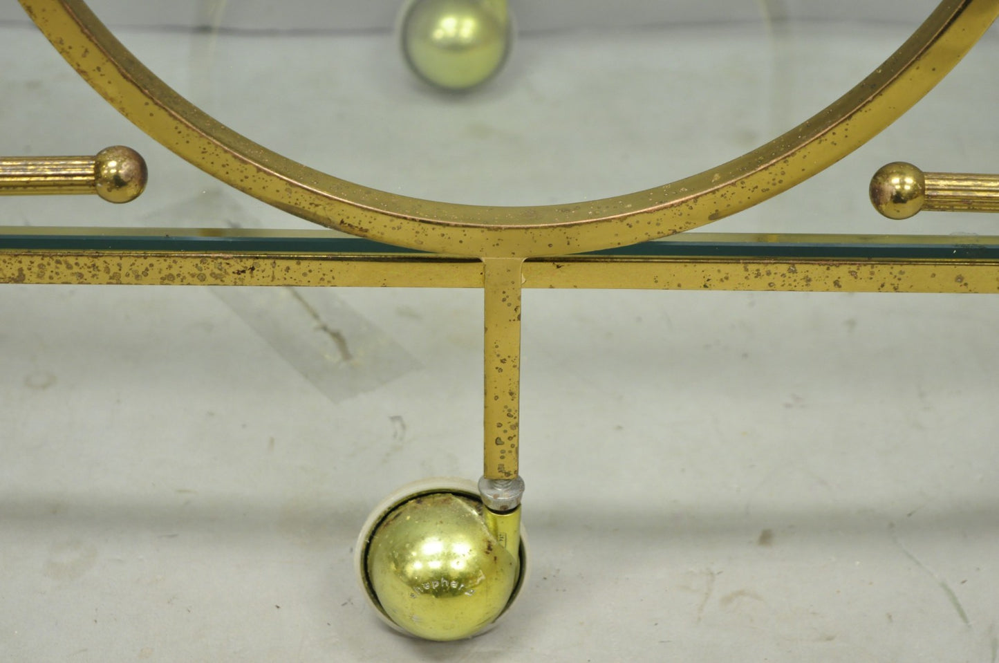 Vintage Mid Century Modern Brass 3 Tier Oval Frame Rolling Bar Cart Server Table