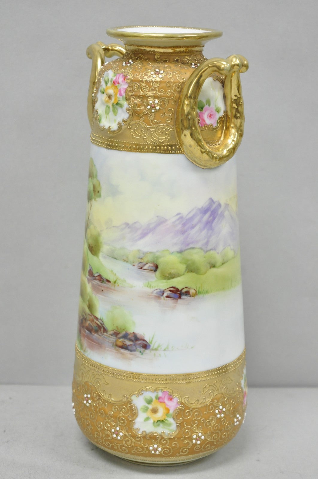 Antique Nippon Hand Painted Lake Scene Art Nouveau Twin Handle Porcelain Vase