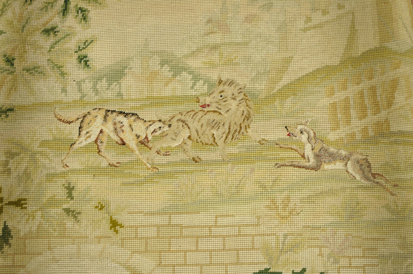 Antique French Louis XIV Style Needlepoint Tapestry Carved Walnut Arm Chair Pair