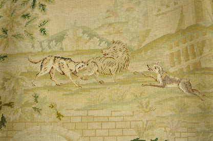 Antique French Louis XIV Style Needlepoint Tapestry Carved Walnut Arm Chair Pair