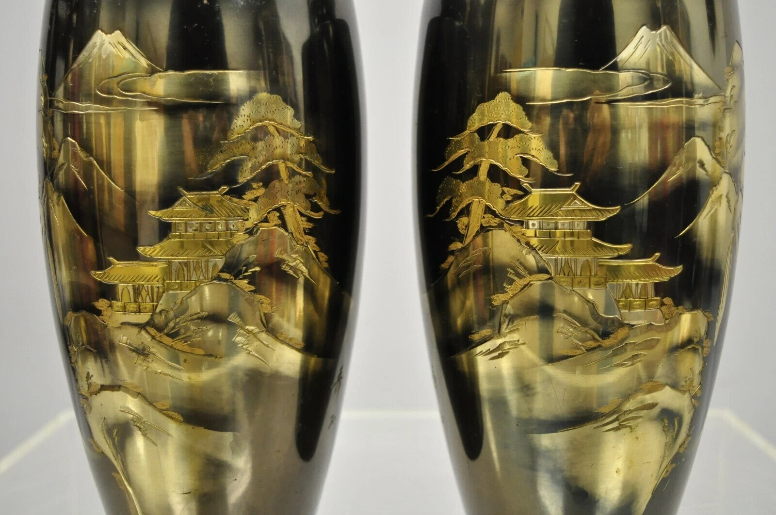 Vintage 10" Oriental Bronze Metal Pagoda Mountain Engraved Vase Set - a Pair