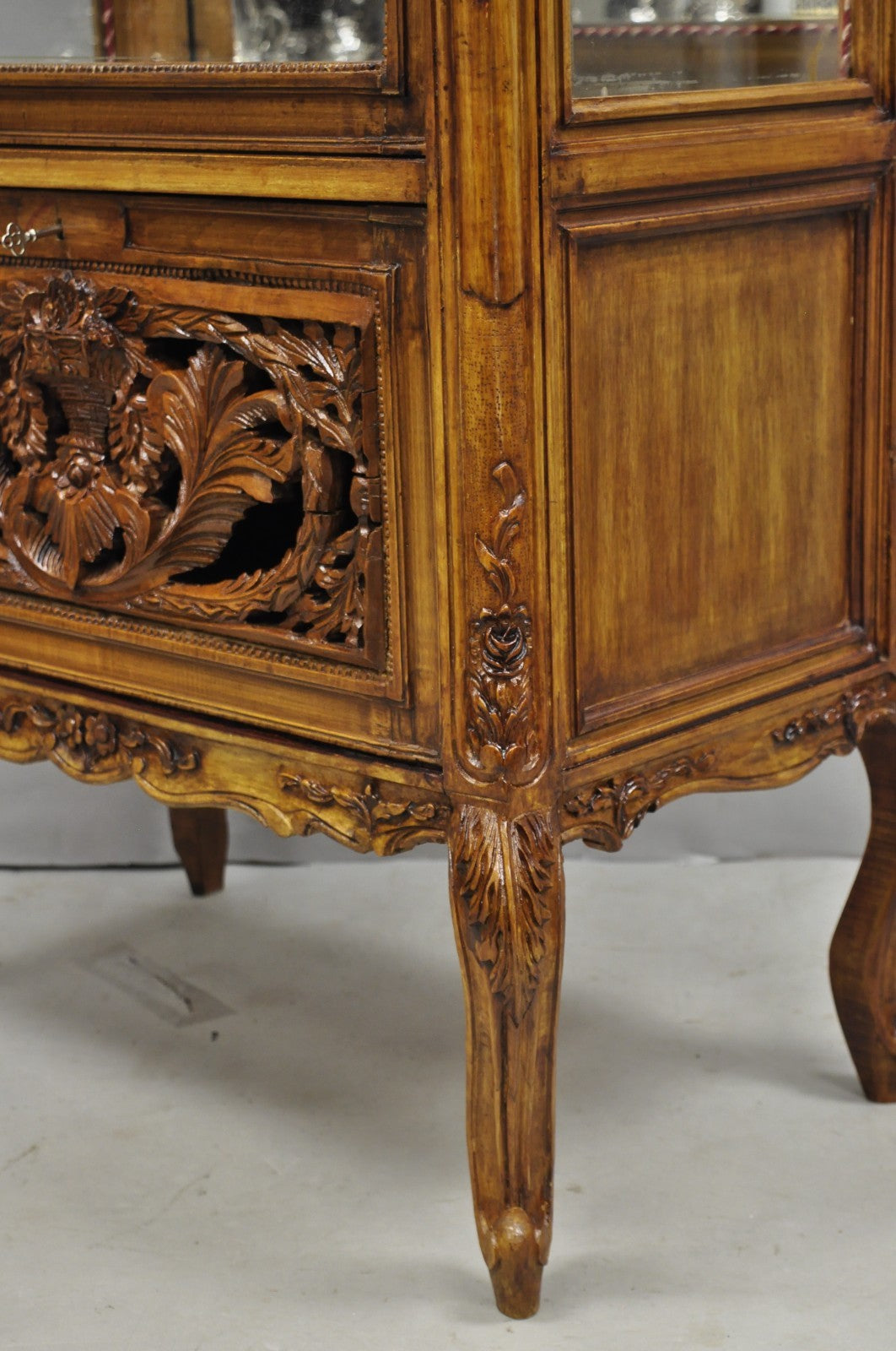 Vintage French Baroque Style Carved Wood & Glass Curio China Display Cabinet