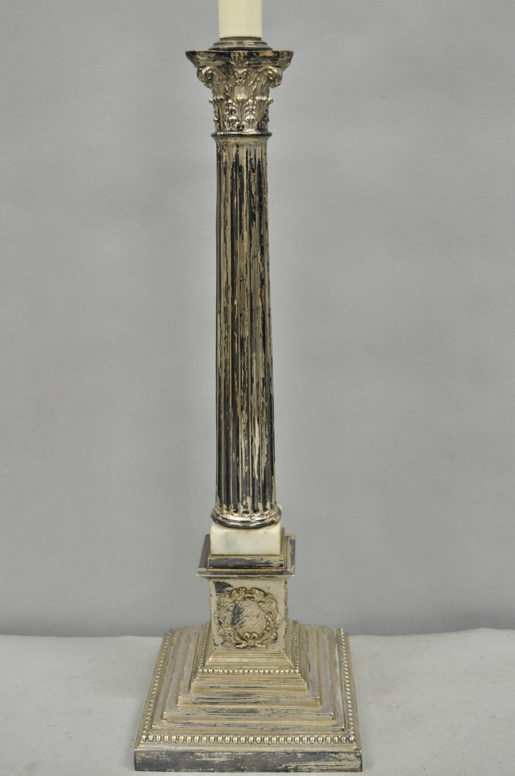 Antique French Empire Silver Plated Corinthian Column Candlestick Table Lamp