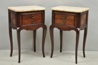 Vintage French Louis XV Style Pink Marble Top Mahogany Nighstand Table - a Pair
