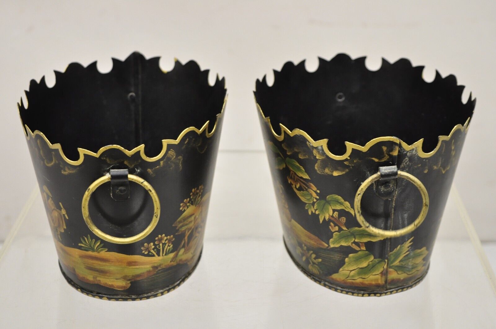 Scalloped Italian Hand Painted Toleware Chinoiserie Black Metal Planter - A Pair