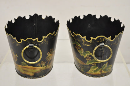 Scalloped Italian Hand Painted Toleware Chinoiserie Black Metal Planter - A Pair