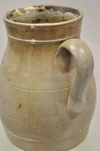 Antique Primitive Stoneware Salt Glazed 8" Bulbous Water Pitcher with Handle