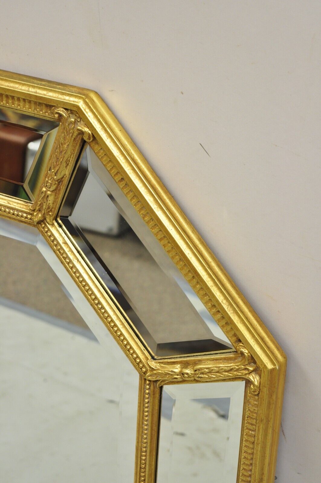 Vintage French Regency Style Octagonal Gold Tone Beveled Glass Wall Mirror