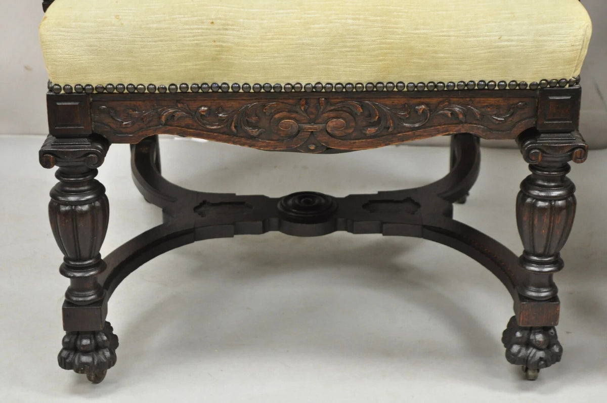 RJ Horner Attr Renaissance Figural Lion Carved Oak Wood Dining Chairs - Set of 6