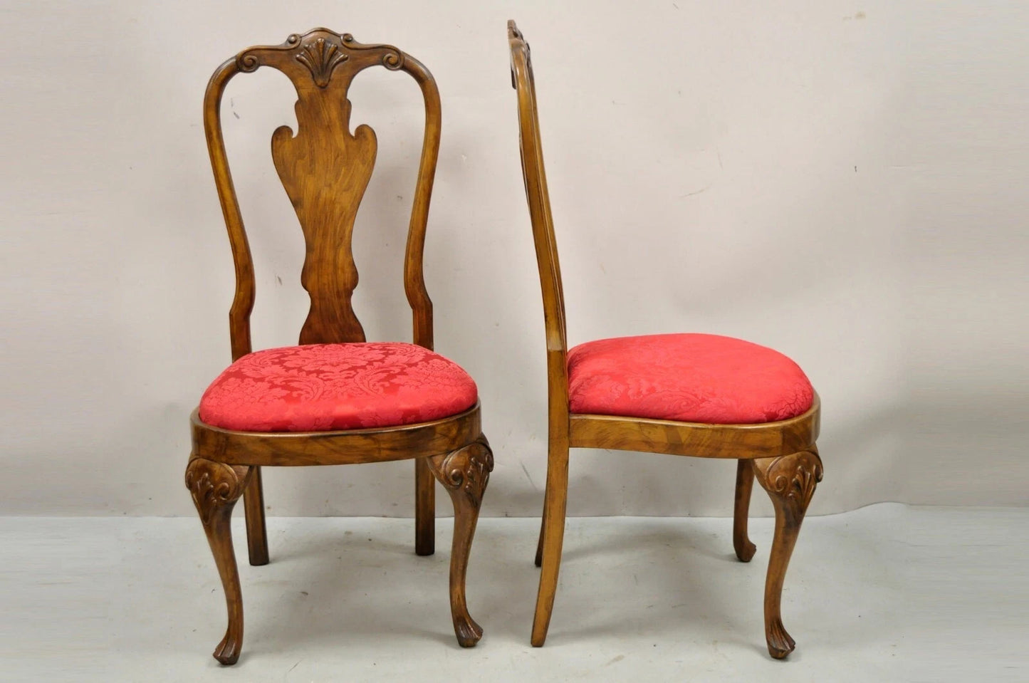Vintage English Queen Anne Shell Carved Solid Wood Dining Side Chairs - Set of 8