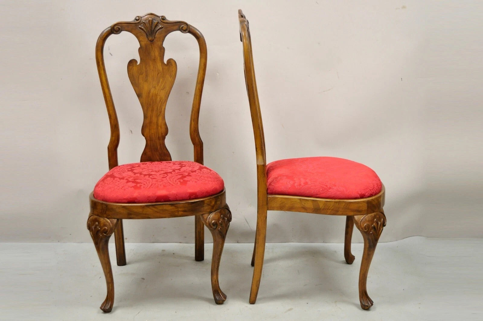Vintage English Queen Anne Shell Carved Solid Wood Dining Side Chairs - Set of 8