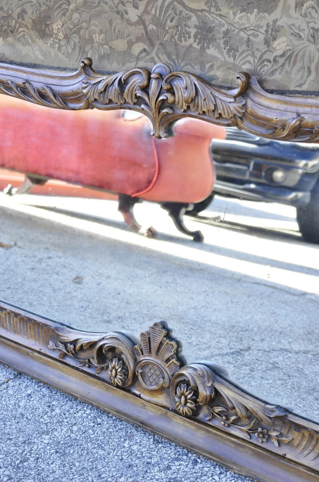 Antique French Tapestry Louis XV Rococo Carved Wood Overmantle Trumeau Mirror