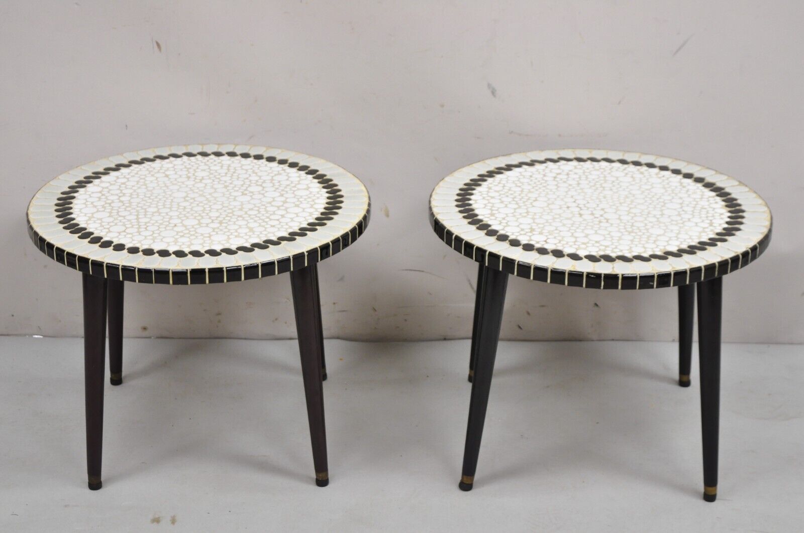 Vintage Mid Century Modern Mosaic Tile Top Round Low Side Tables - a Pair