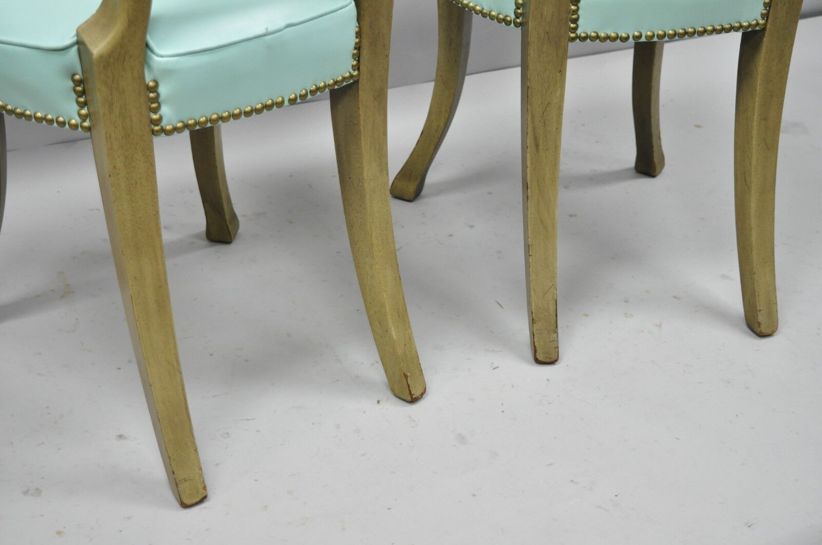 Pair of Carved Mahogany French Regency Style Chairs w/ Brass Handle & Aqua Vinyl