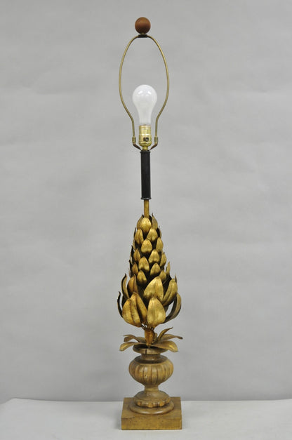 Vintage Italian Hollywood Regency Gold Gilt Leafy Iron Artichoke Table Lamp