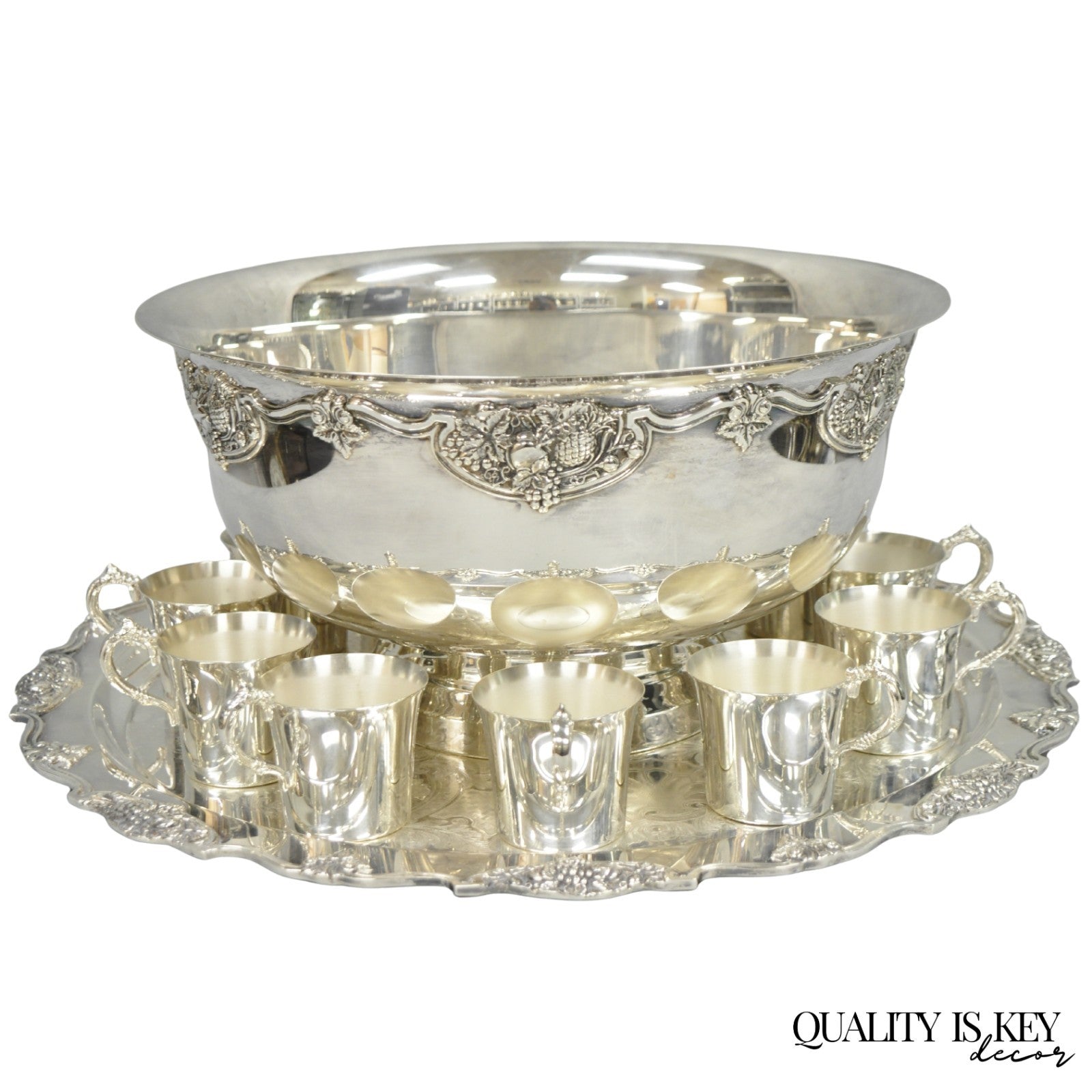 Vintage Wallace Harvest Silver Plated Grapevine Punch Bowl Set w/ 12 Cups & Tray