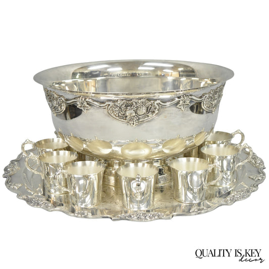 Vintage Wallace Harvest Silver Plated Grapevine Punch Bowl Set w/ 12 Cups & Tray