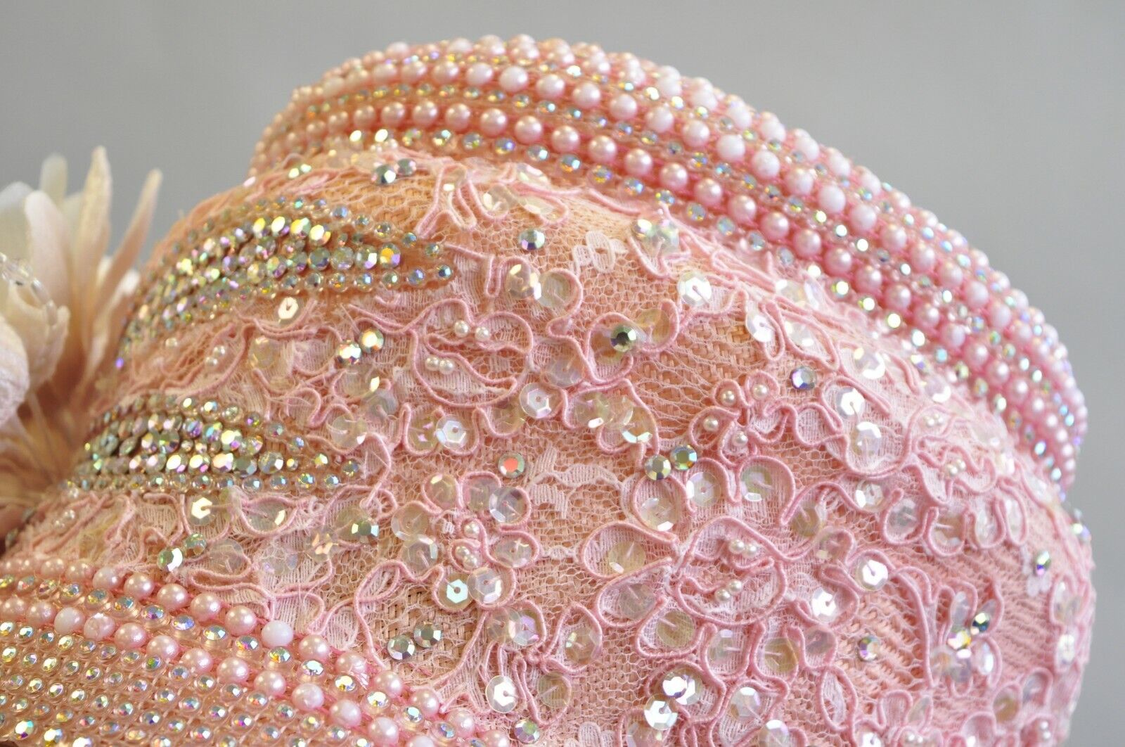 Shellie McDowell Pink Lace Iridescent Pearl Rhinestones Church Derby Crown Hat