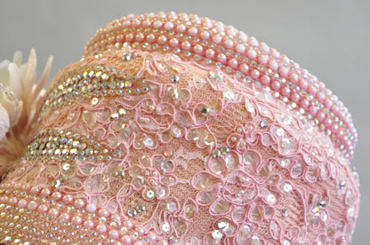 Shellie McDowell Pink Lace Iridescent Pearl Rhinestones Church Derby Crown Hat